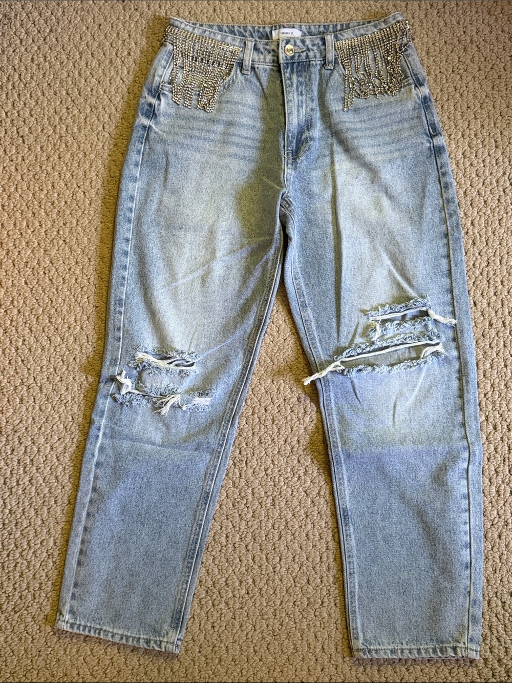 Forever 21 Rhinestone Ripped Jeans NEW